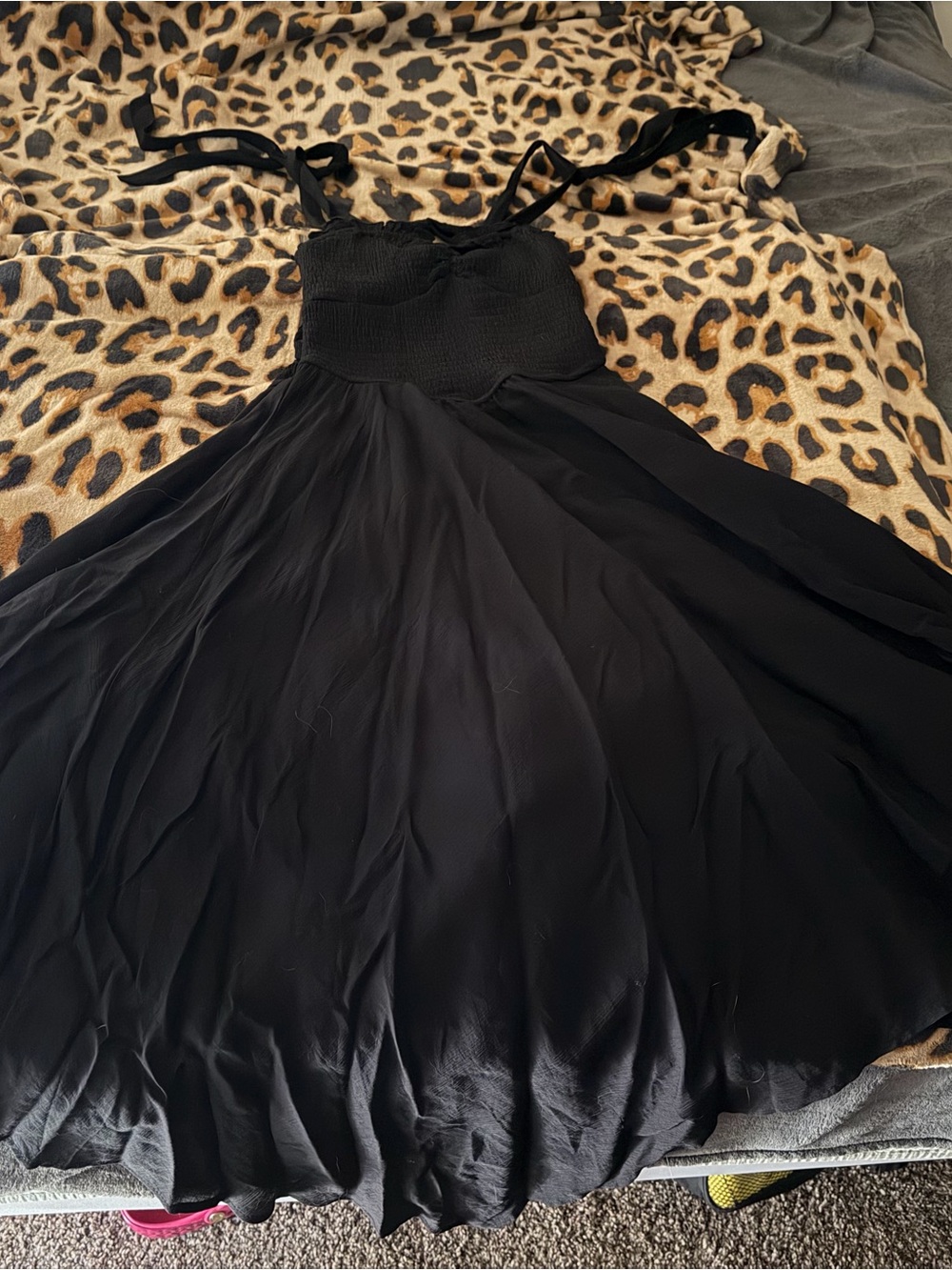 Women's Black Mini Dress with Smocked Bodice and Tie Straps